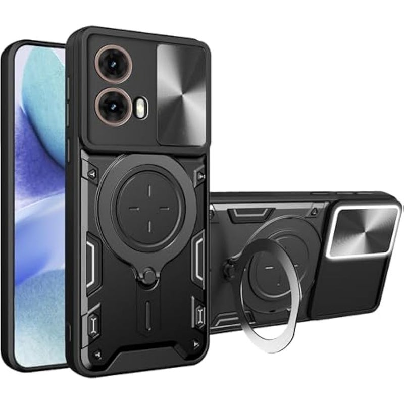 Armor Case for Motorola Moto G85 with Slide Camera Cover for Men, Military Grade Shockproof Case with Rotatable Big Ring Kickstand for Motorola Moto G85 5G JS, Black - Image 1
